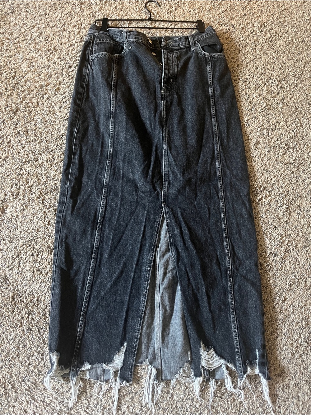 Topshop Washed Black Distressed Denim Maxi Skirt with Front Slit